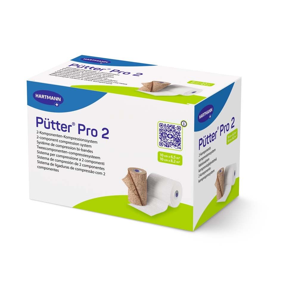 Boîte de PütterPro 2. Contient deux rouleaux de bandages compressifs. Marque : Hartmann.