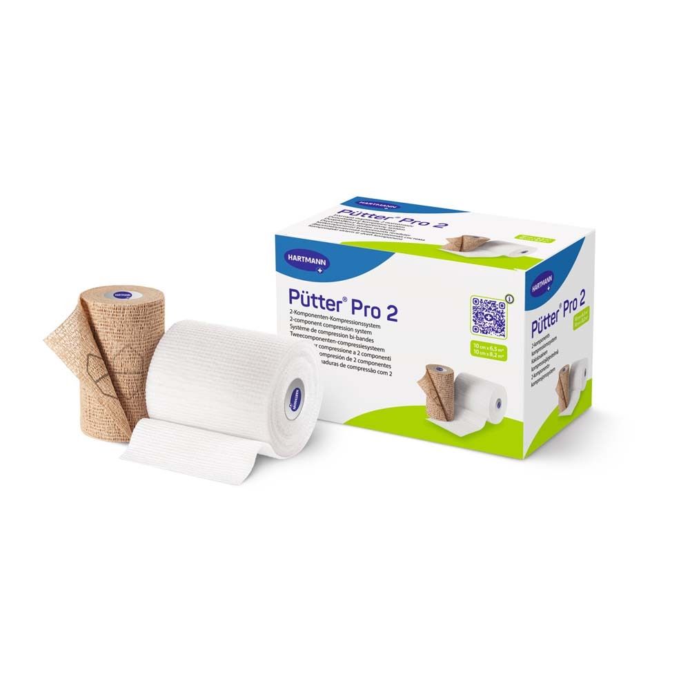 Deux bandages compressifs, beige et blanc. Marque Hartmann. Bandage beige partiellement déroulé.