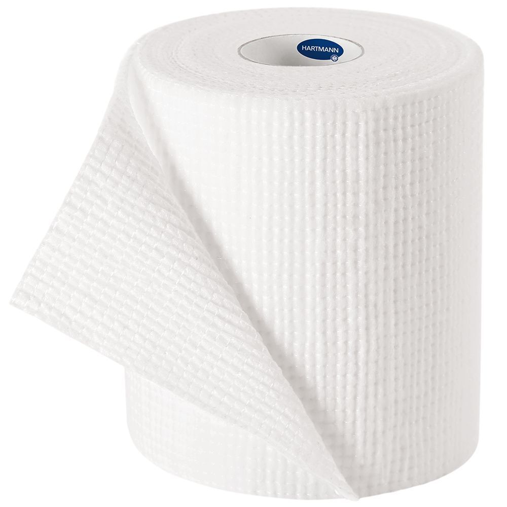 Bandage compressif blanc, roulé. Marque Hartmann. Structure tissée.