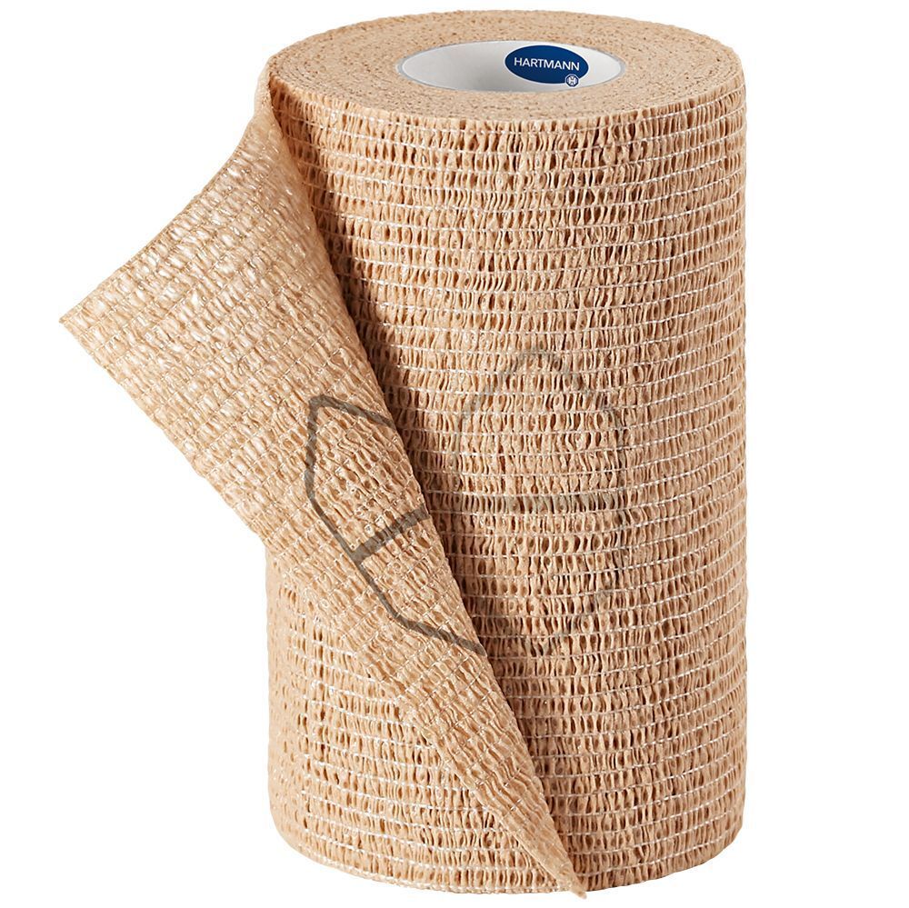 Bandage compressif beige, roulé. Marque Hartmann. Structure tissée.