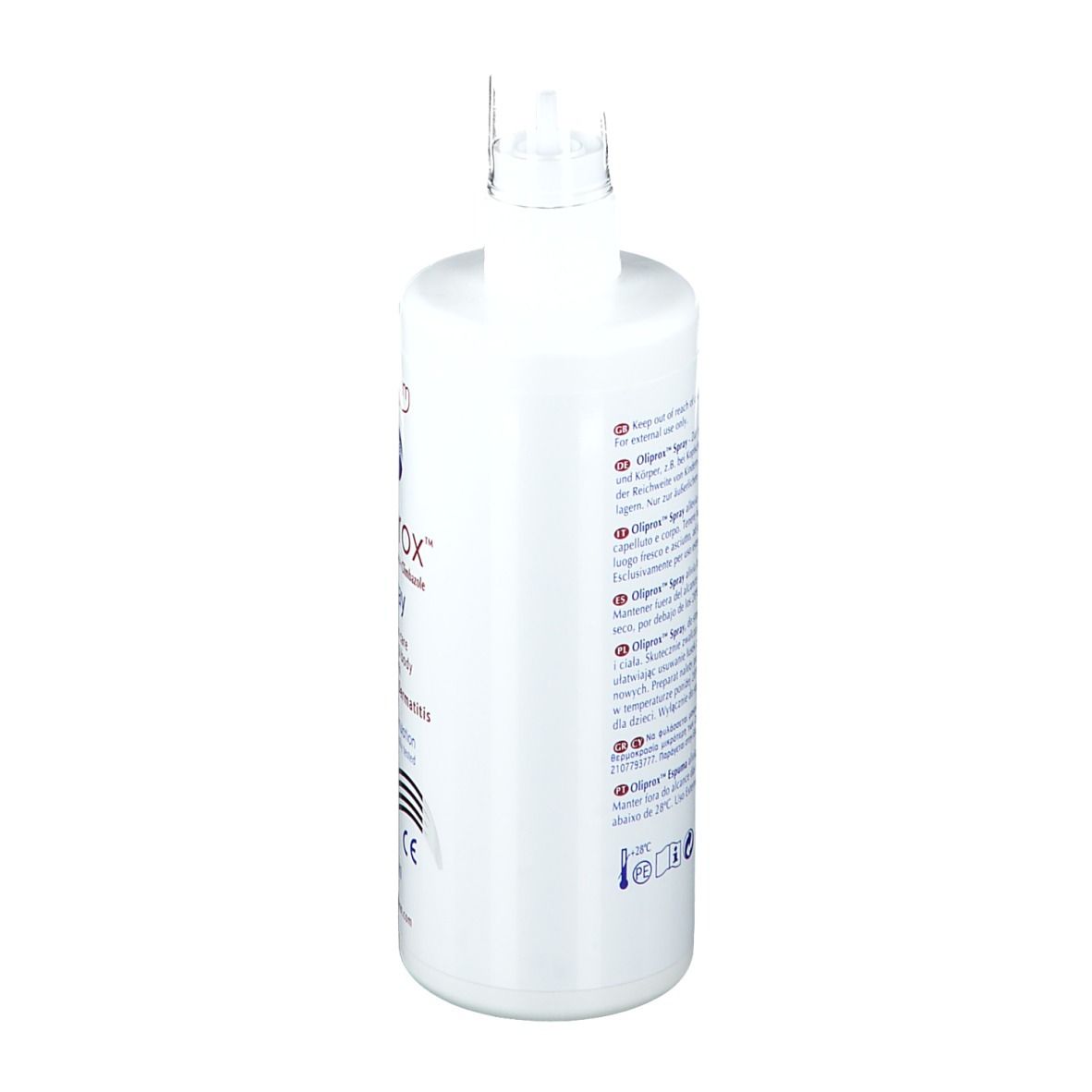 Flacon spray blanc, étiquette Oliprox. Texte multilingue. Testé dermatologiquement. Marque CE.