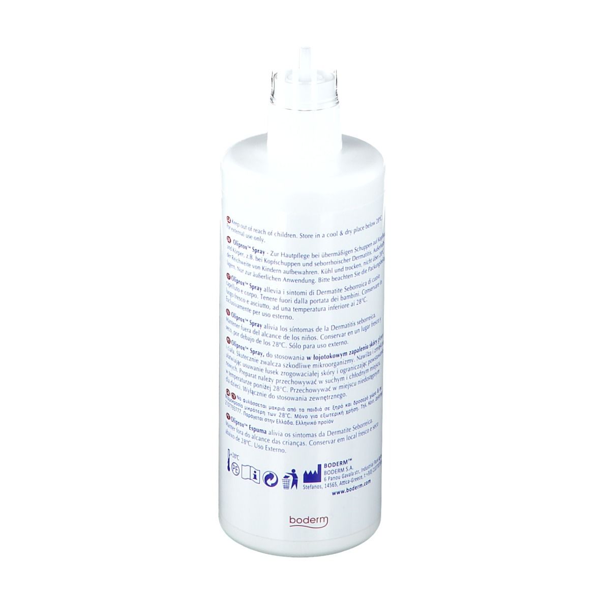 Flacon spray blanc, étiquette Oliprox. Texte multilingue. Testé dermatologiquement. Marque CE.