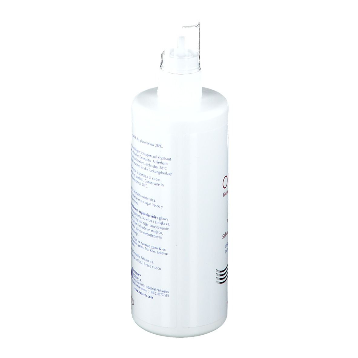 Flacon spray blanc, étiquette Oliprox. Texte multilingue. Testé dermatologiquement. Marque CE.