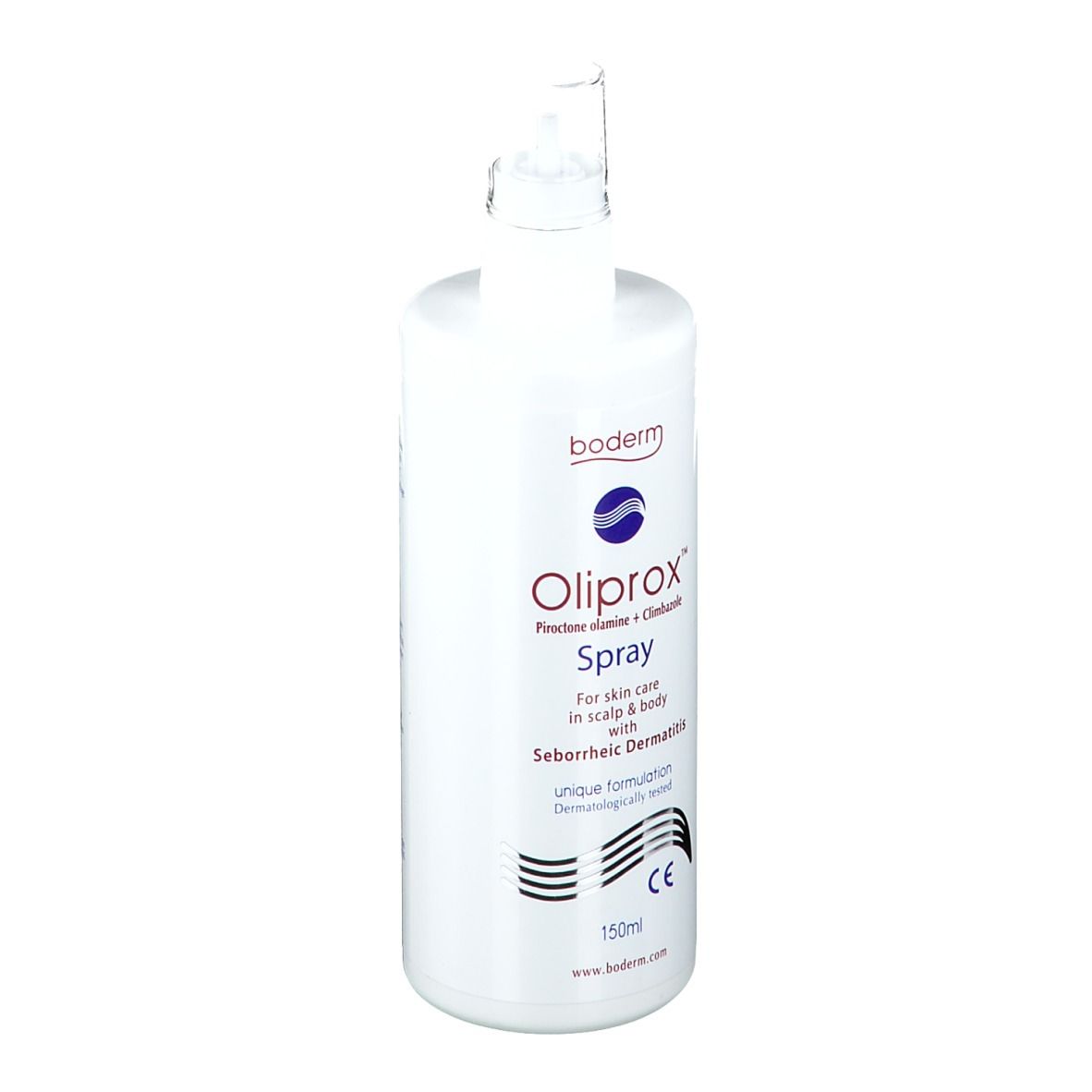Flacon spray blanc Oliprox. Contient Piroctone olamine et Climbazole. Pour cuir chevelu et corps.