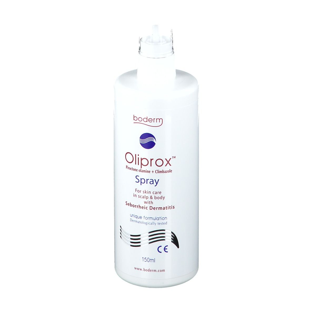 Flacon spray blanc Oliprox. Contient Piroctone olamine et Climbazole. Pour cuir chevelu et corps.