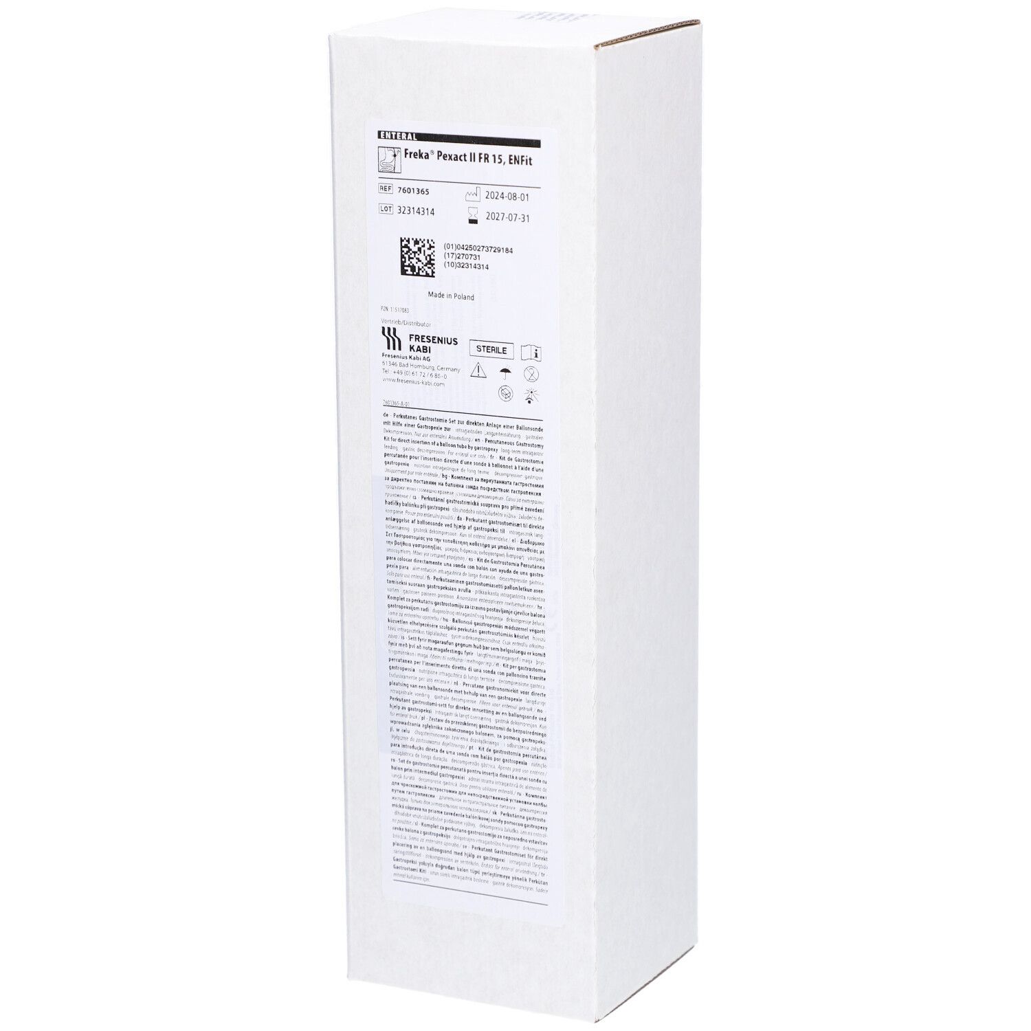 Emballage blanc avec nom du produit et informations. Symbole stérile et logo du fabricant visibles.