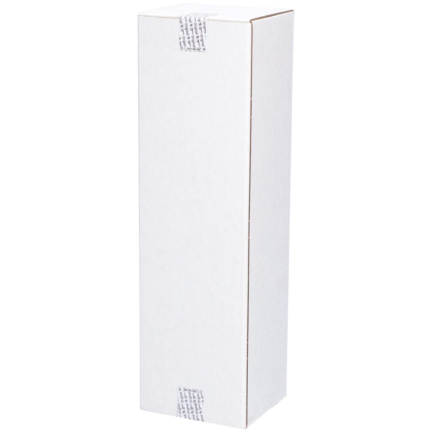 Emballage produit blanc et haut. Fermeture avec ruban adhésif bleu. Forme carrée.