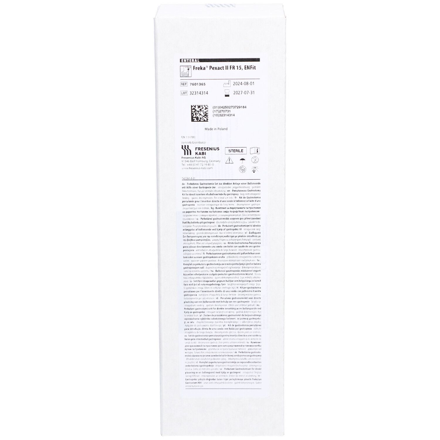 Emballage blanc avec informations produit. Texte et logos sur l'emballage.