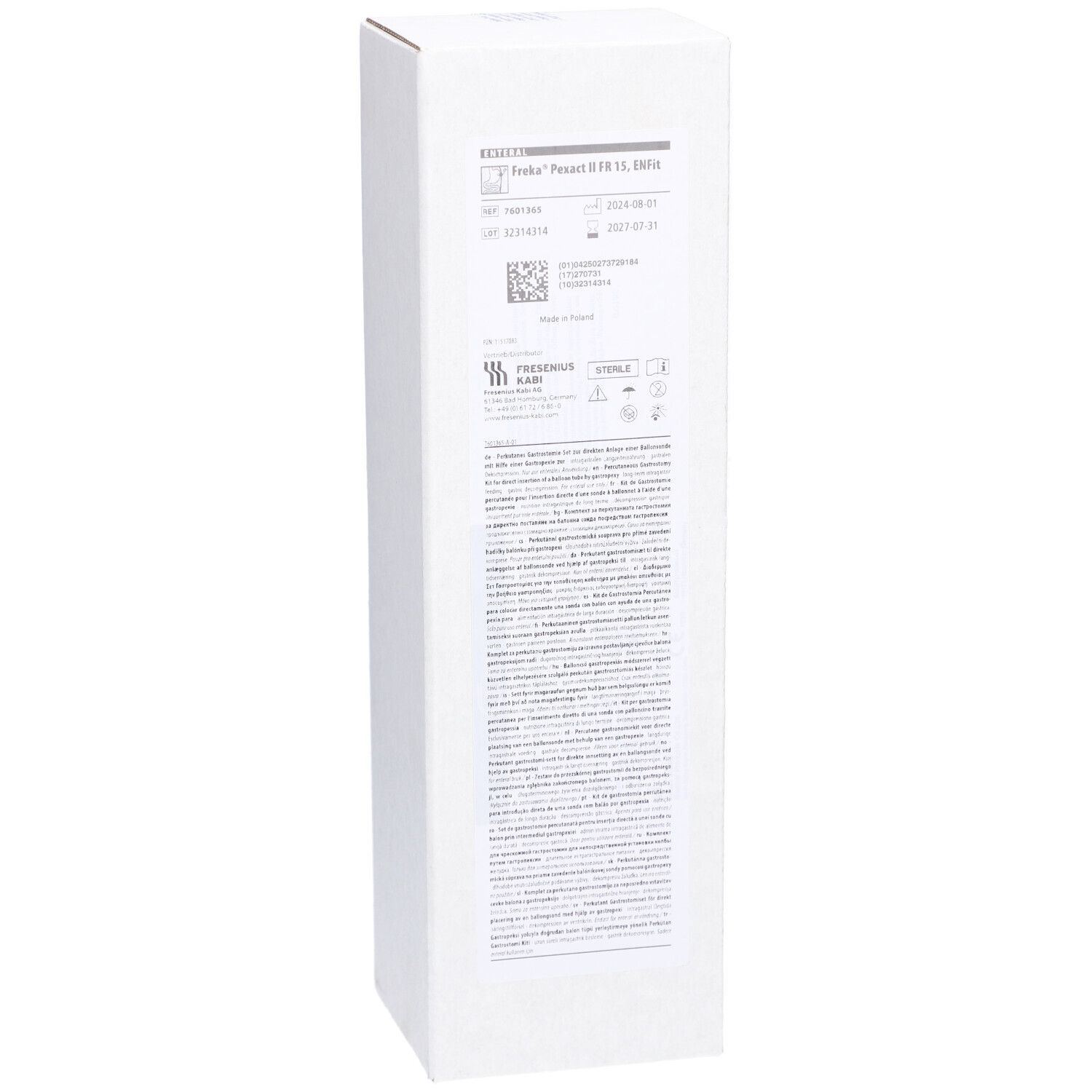 Emballage blanc avec informations produit. Texte et logos sur l'emballage.