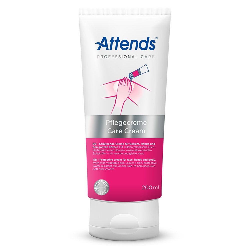 Tube blanche Attends Professional Care Pflegecreme. Bande rose. Texte: Care Cream, 200 ml.