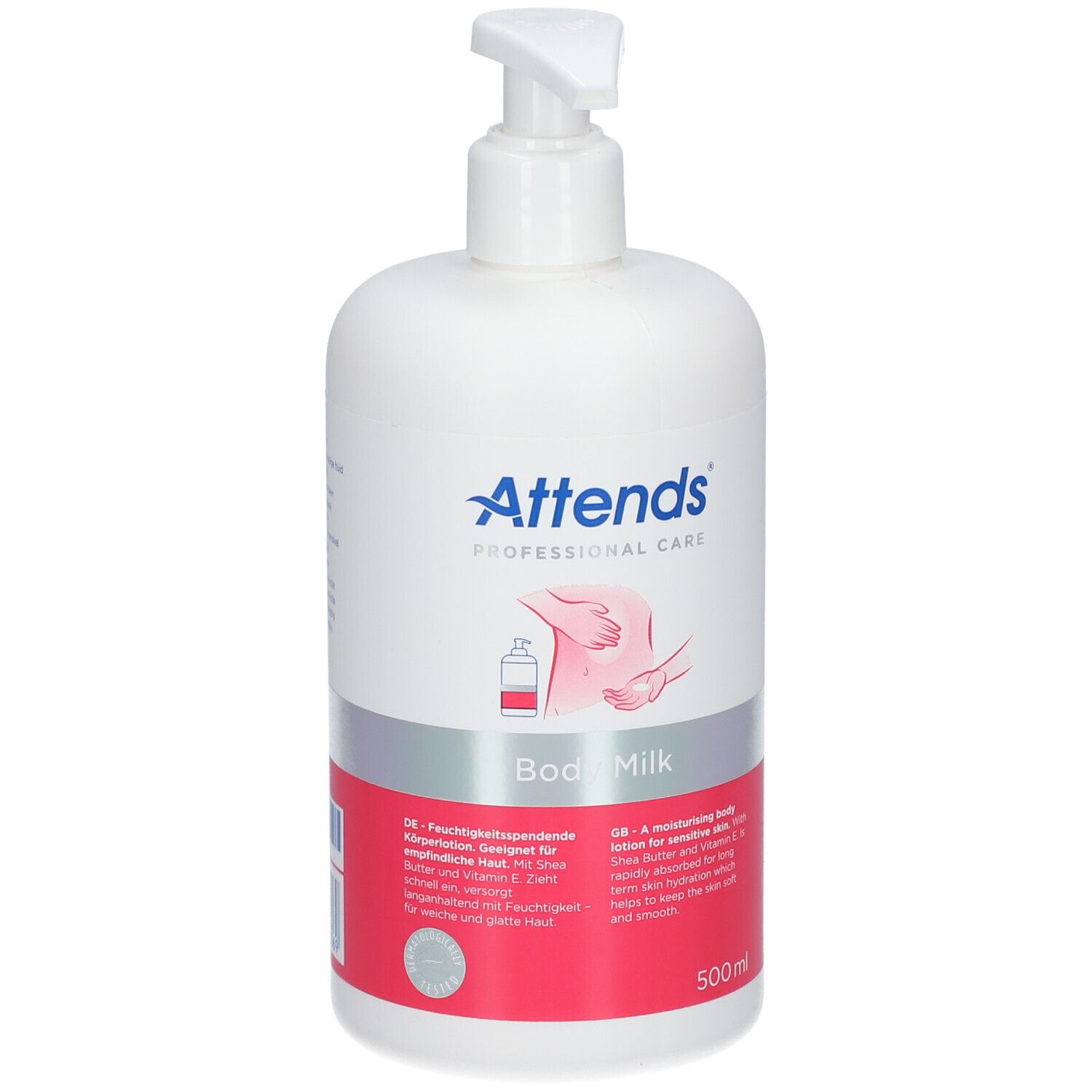 Flacon blanc avec pompe. Inscription : Attends Professional Care Body Milk. Bande rouge avec texte et logo. 500ml.