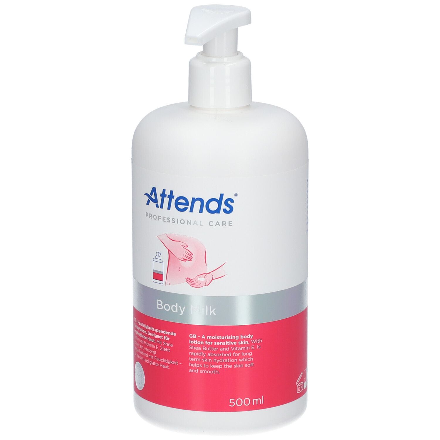 Flacon blanc avec pompe. Inscription : Attends Professional Care Body Milk. Bande rouge avec texte et logo. 500ml.