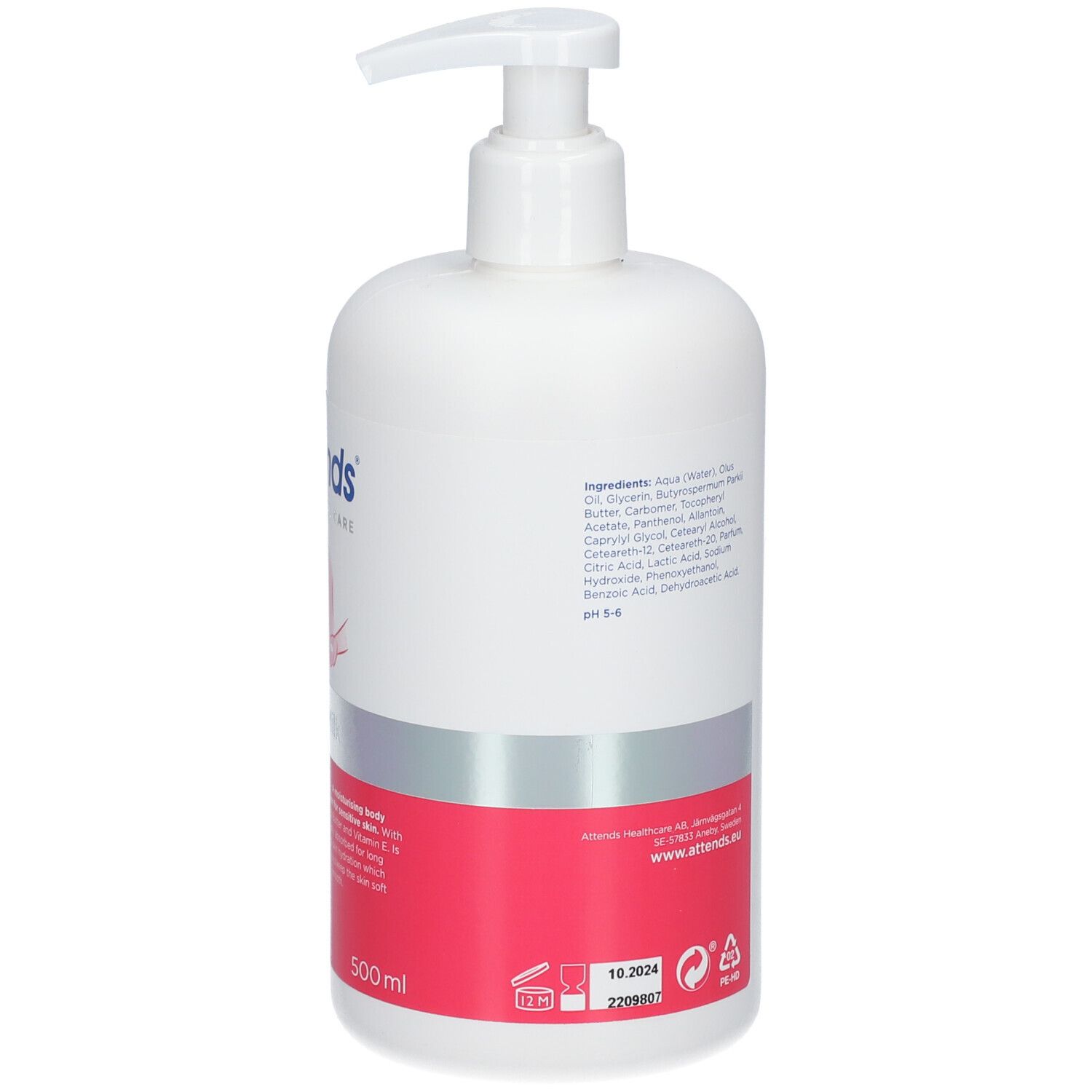 Dos du flacon blanc. Liste des ingrédients, pH, logo et adresse du site web. Bande rouge. 500ml. Durée de conservation.