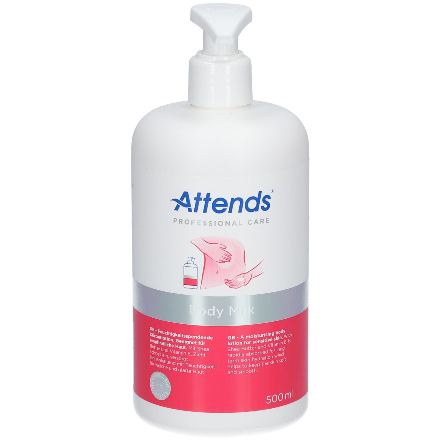 Flacon blanc avec pompe. Inscription : Attends Professional Care Body Milk. Bande rouge avec texte et logo. 500ml.