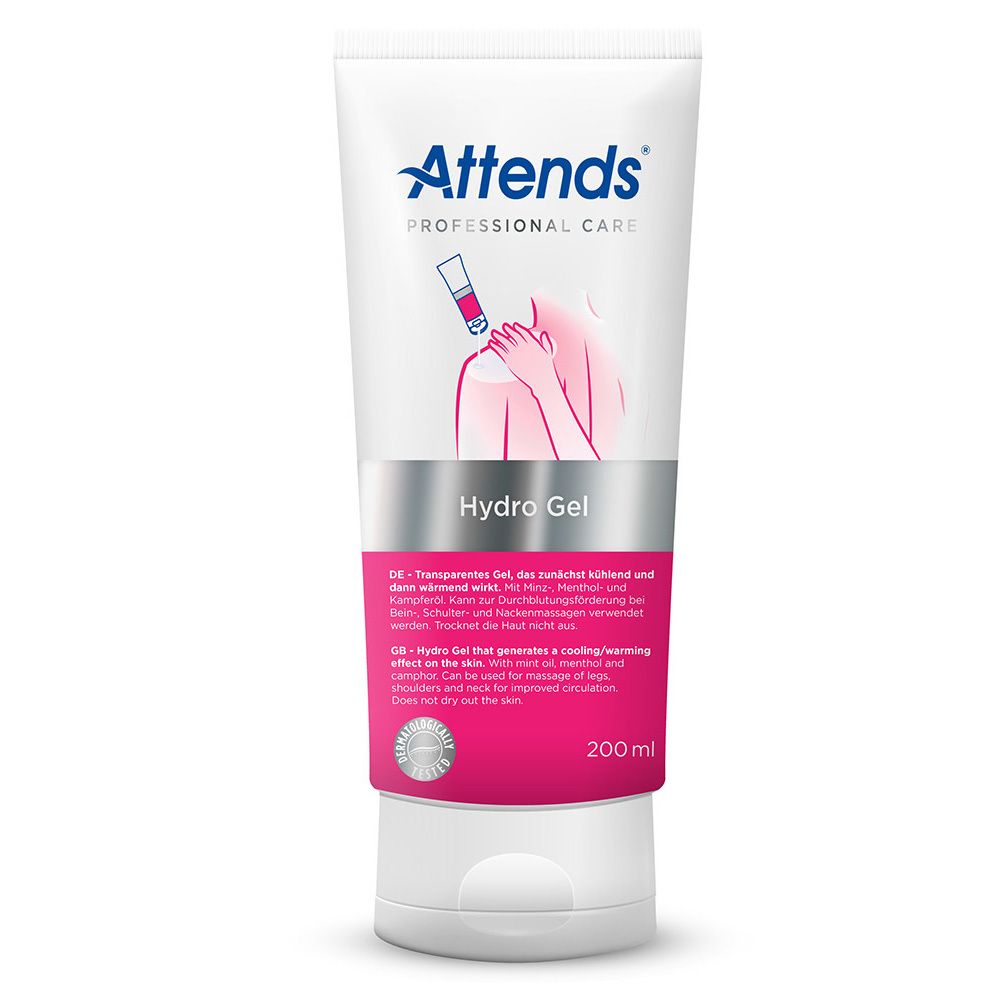Tube blanche et rose avec logo "Attends Professional Care" et texte "Hydro Gel". Illustration d'une épaule avec applicateur.