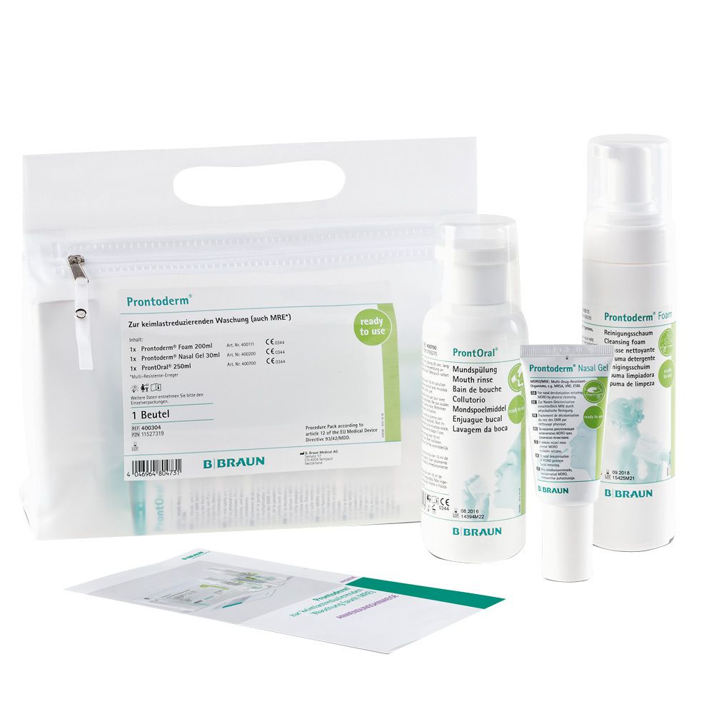 Ensemble de produits : lingettes, bain de bouche, gel nasal et mousse. Emballé dans un sac et des flacons.
