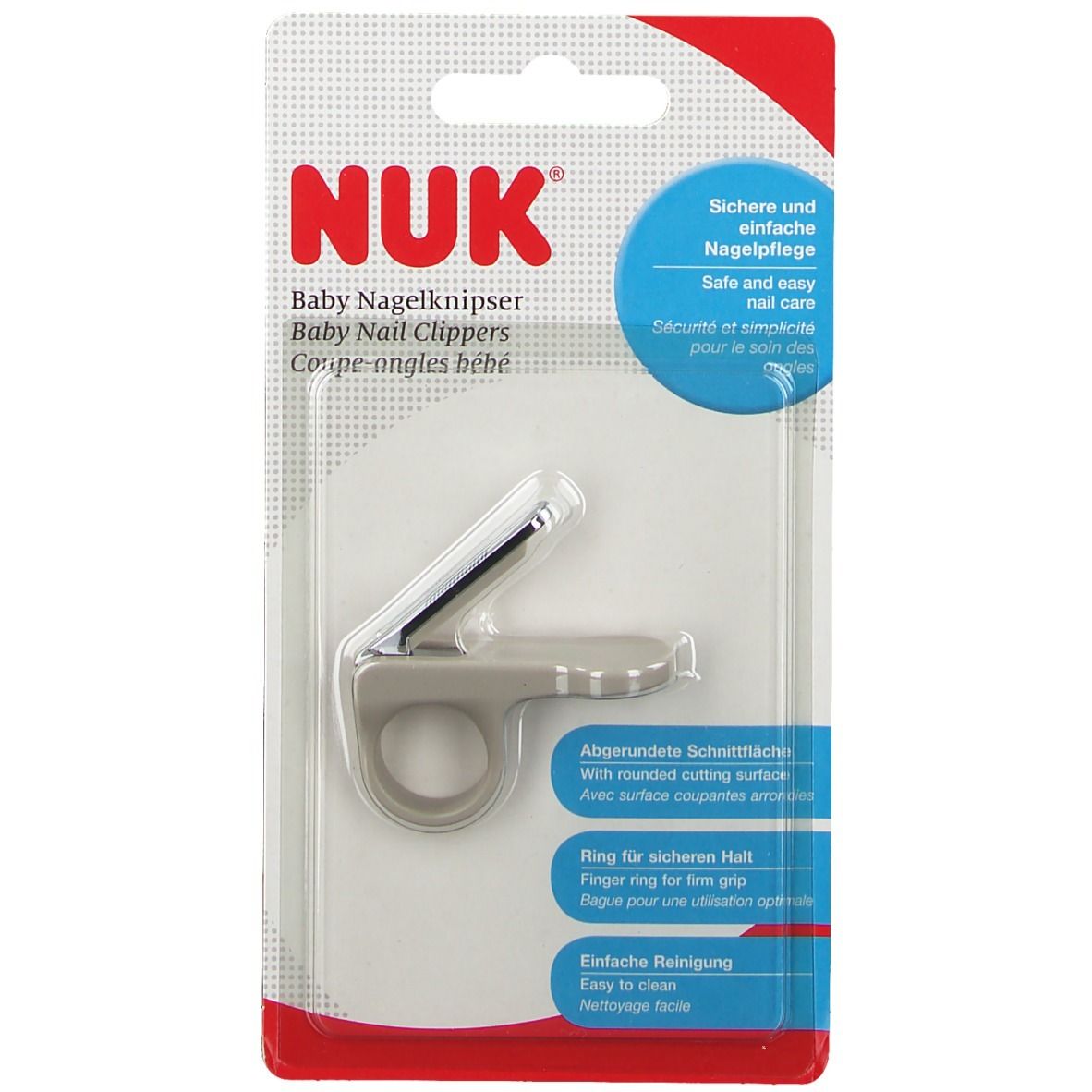 Coupe-ongles bébé NUK en emballage blister.