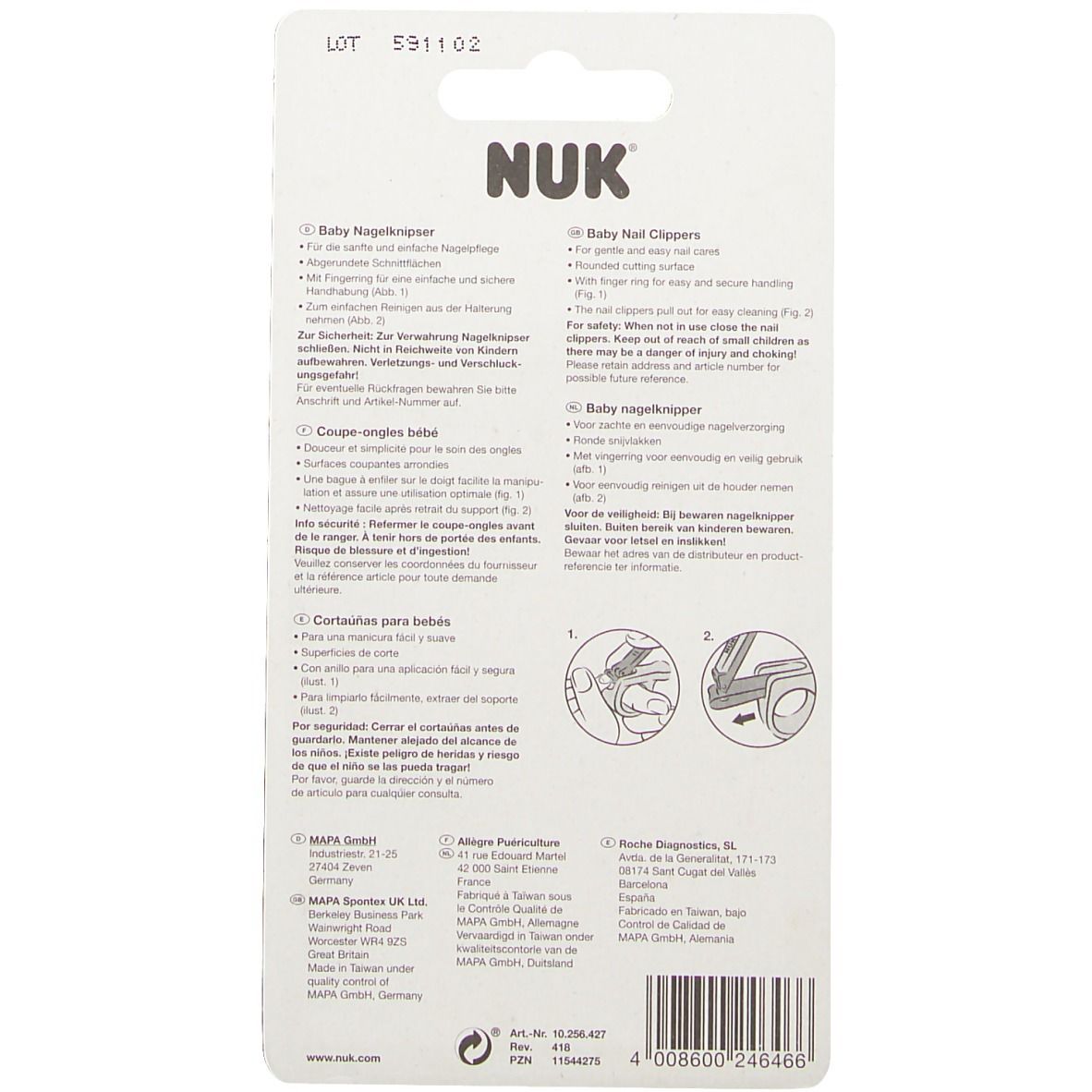 Coupe-ongles bébé NUK en emballage blister.