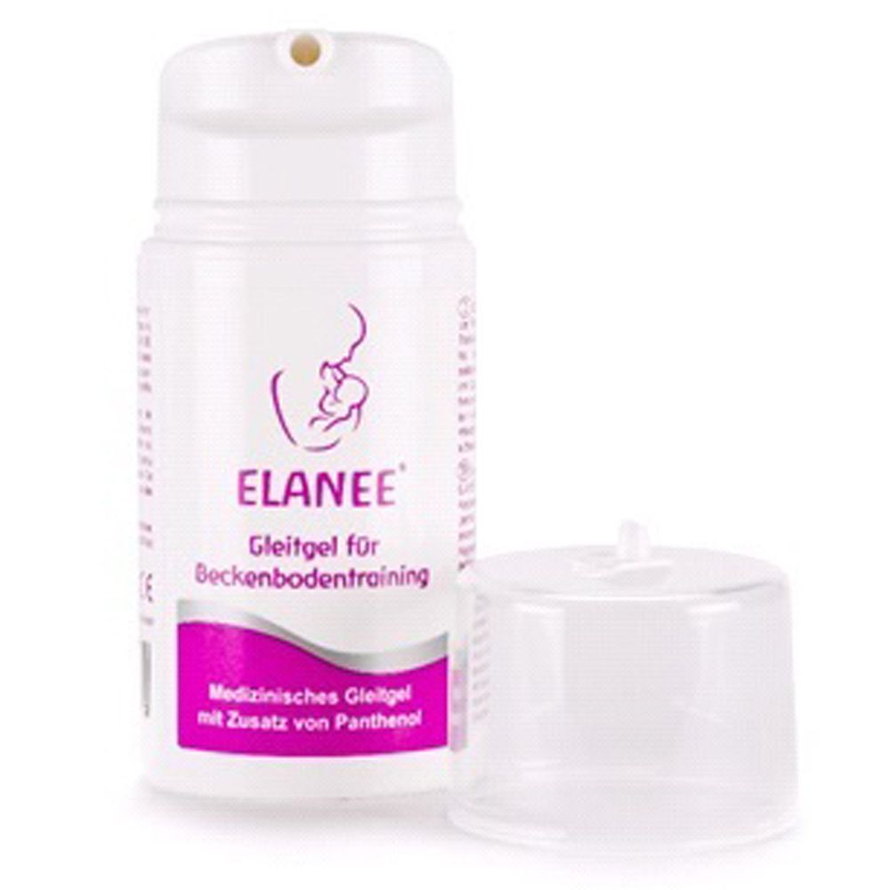 Flacon blanc avec étiquette rose. Inscription: ELANEE Gleitgel für Beckenbodentraining. Bouchon à côté.