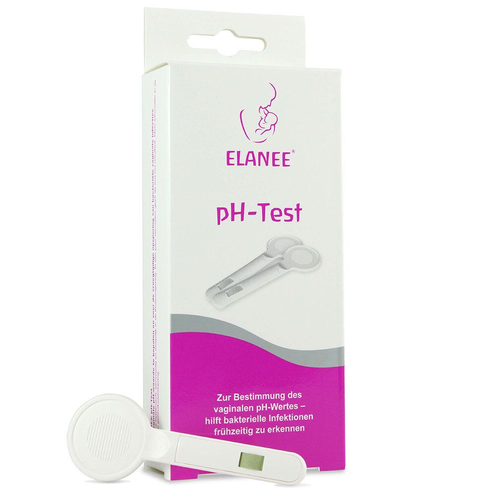 Boîte de test pH ELANEE avec testeur. Inscription: pH-Test. Accent rose. Un testeur à côté.