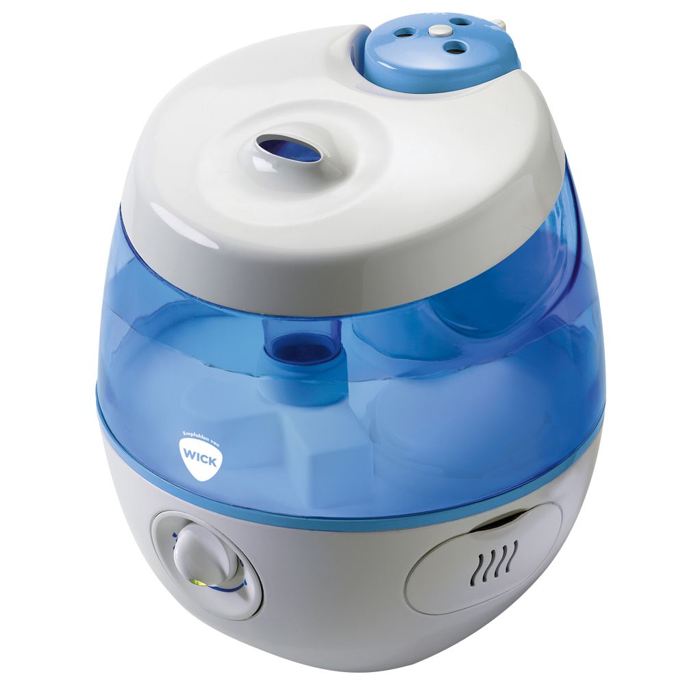 Humidificateur blanc et bleu. Forme ovale, boutons de commande. Logo WICK. Partie supérieure avec ouverture. Partie inférieure avec sortie d'air.