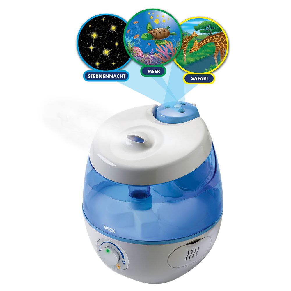 Humidificateur avec fonction de projection. Récipient blanc et bleu. Trois motifs de projection : étoiles, mer, safari. Logo WICK.