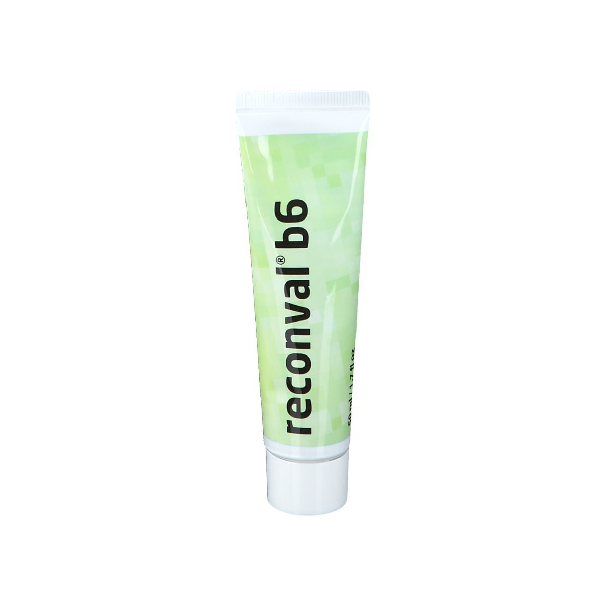 Tube de crème avec dégradé vert et bouchon blanc. Inscription : reconval® b6.