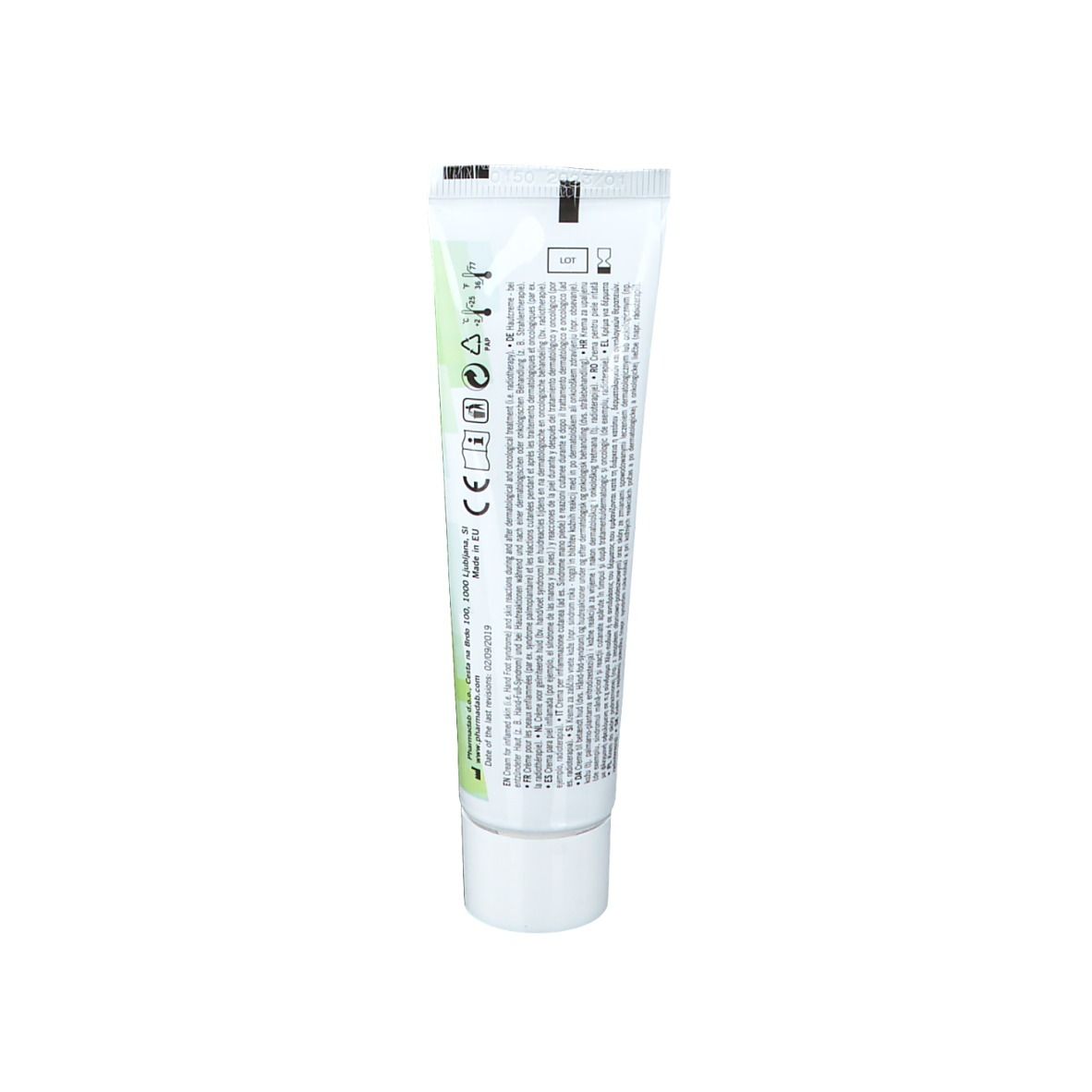 Dos du tube de crème avec texte et symboles. Fond blanc.