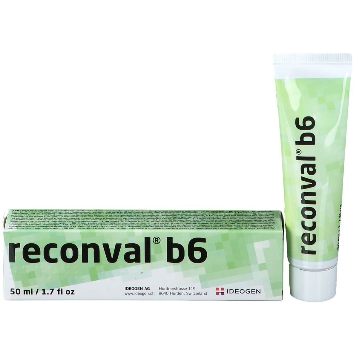 Tube de crème et boîte. Boîte avec inscription reconval® b6, 50 ml / 1.7 fl oz.