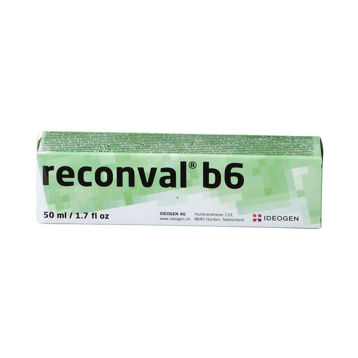 Boîte avec inscription reconval® b6, 50 ml / 1.7 fl oz. Fond vert et blanc.