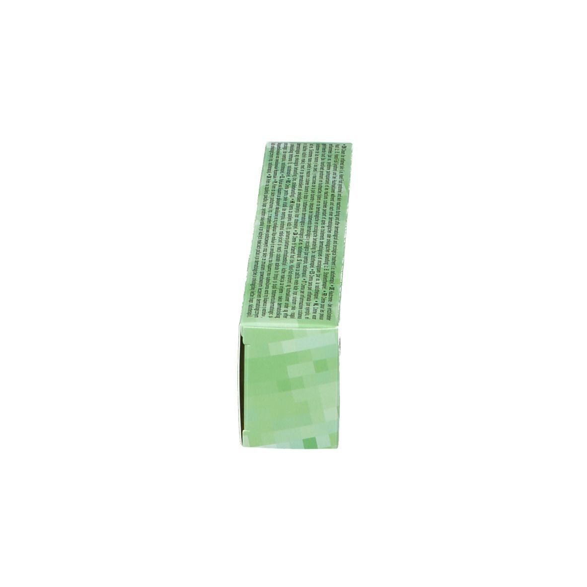 Boîte, vue latérale. Fond vert et blanc avec texte.