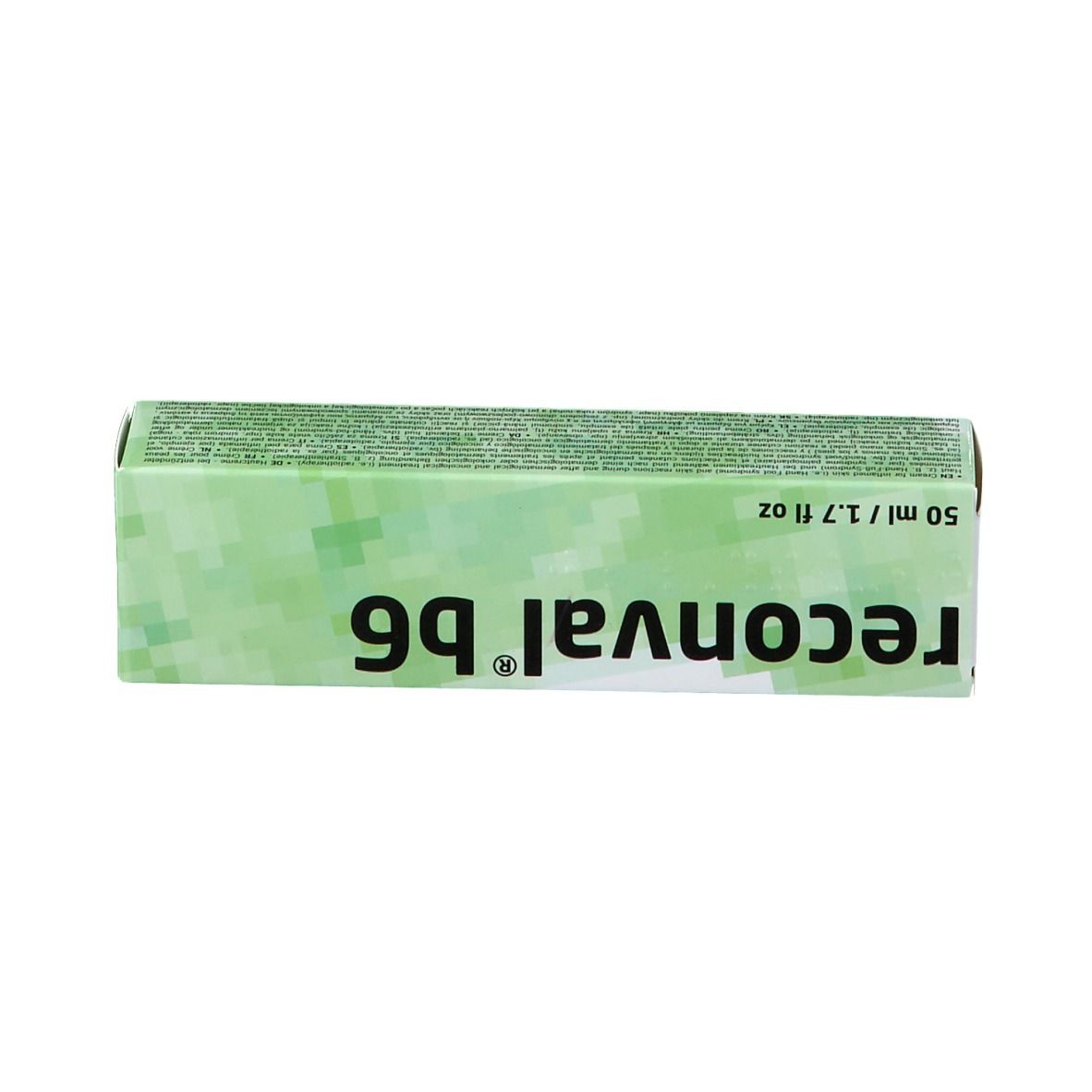 Boîte avec inscription reconval® b6, 50 ml / 1.7 fl oz. Fond vert et blanc.