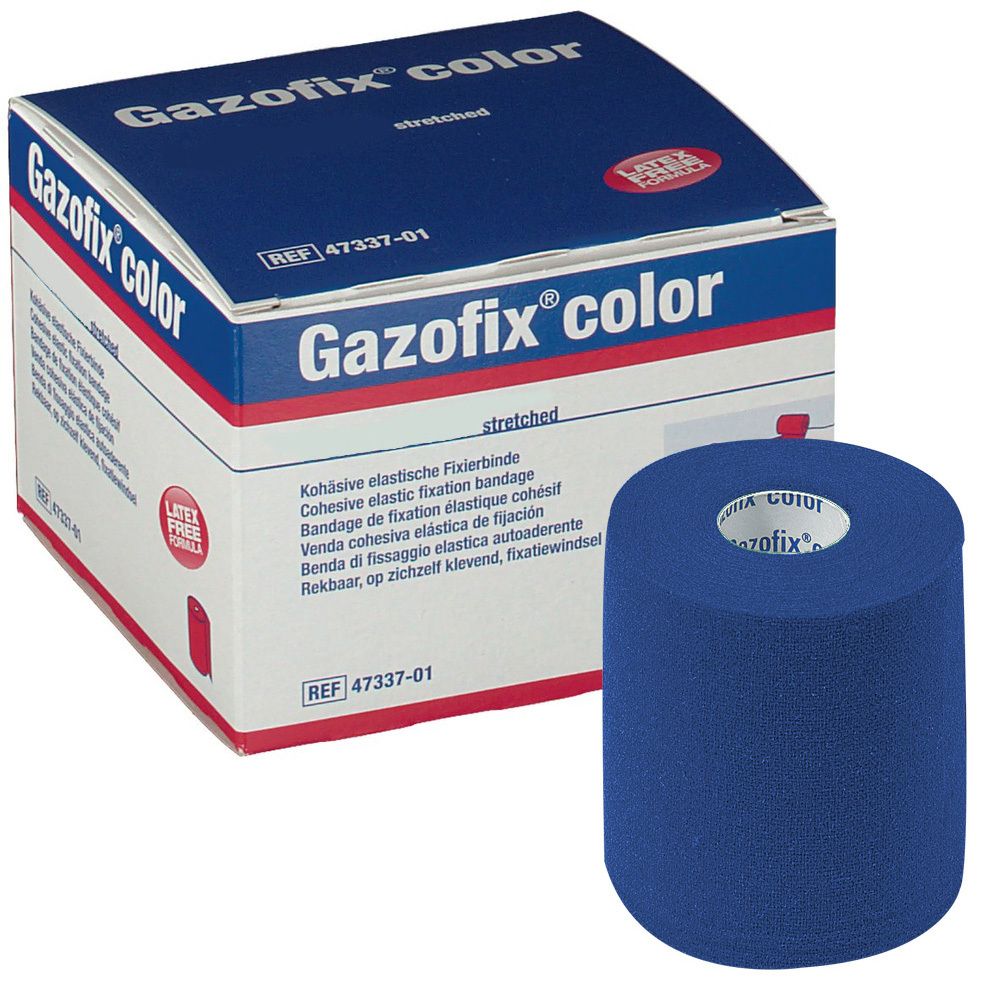 Gazofix® color bleu, 6 cm x 20 m, et emballage. Sans latex. BSN medical.