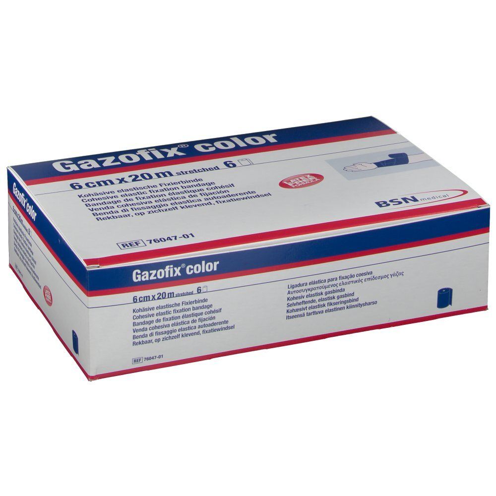 Emballage de Gazofix® color, 6 cm x 20 m. Ruban bleu sur boîte blanche. Nom du produit et dimensions visibles.
