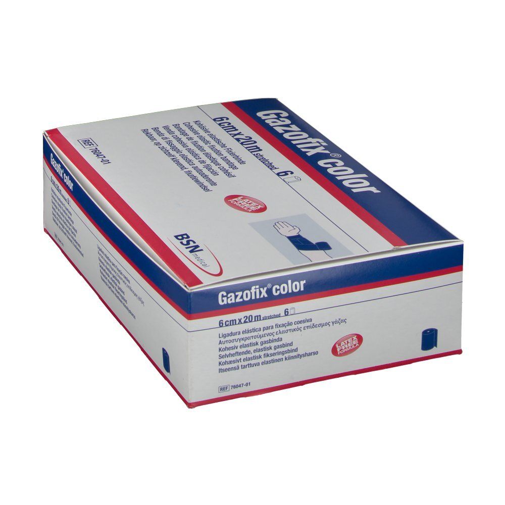 Emballage Gazofix® color, 6 cm x 20 m. Boîte blanche avec bande bleue. Nom et dimensions du produit visibles.