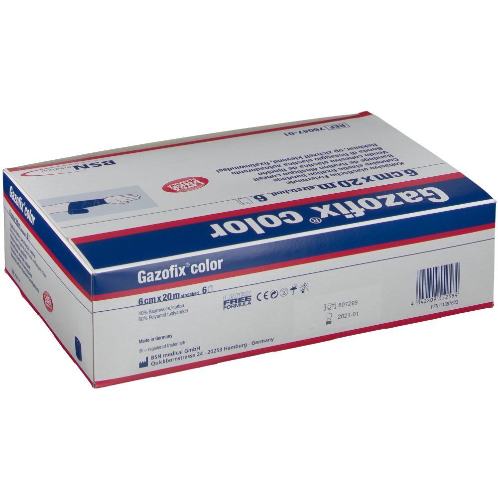 Emballage Gazofix® color, 6 cm x 20 m. Boîte blanche avec bande bleue. Nom et dimensions du produit visibles.