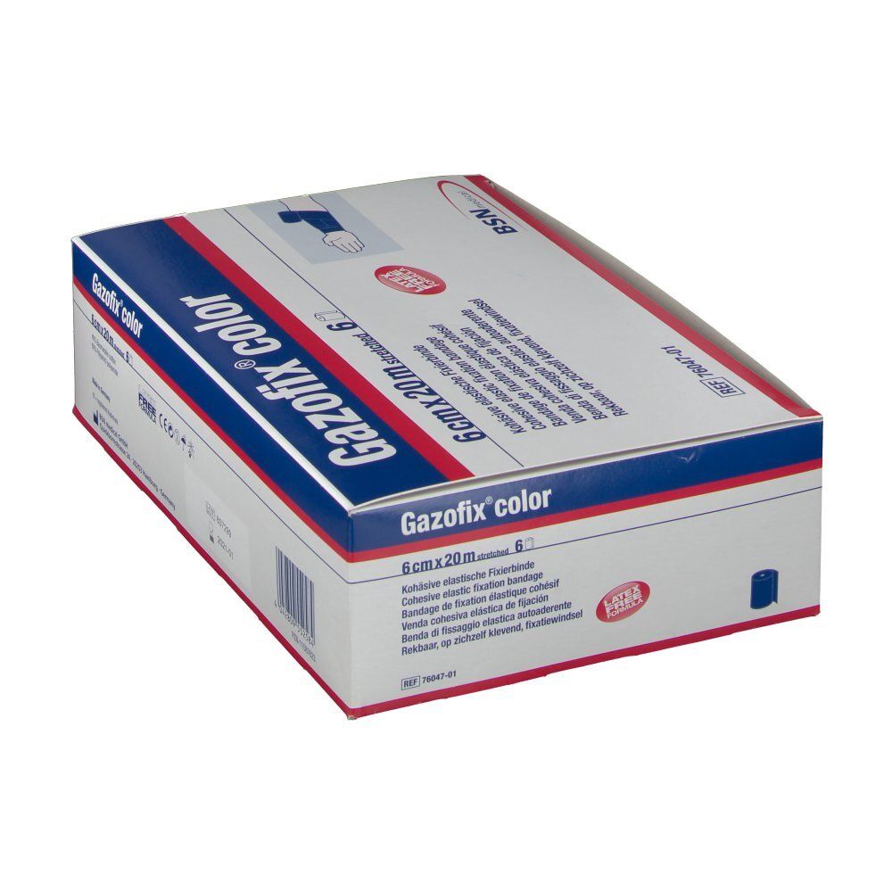 Emballage Gazofix® color, 6 cm x 20 m. Boîte blanche avec bande bleue. Nom et dimensions du produit visibles.