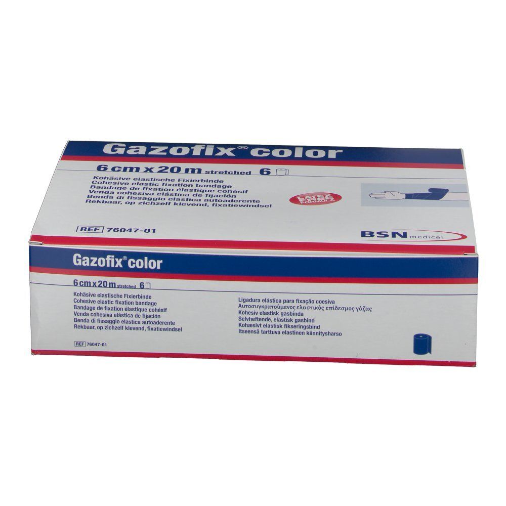 Emballage Gazofix® color, 6 cm x 20 m. Boîte blanche avec bande bleue. Nom et dimensions du produit visibles.