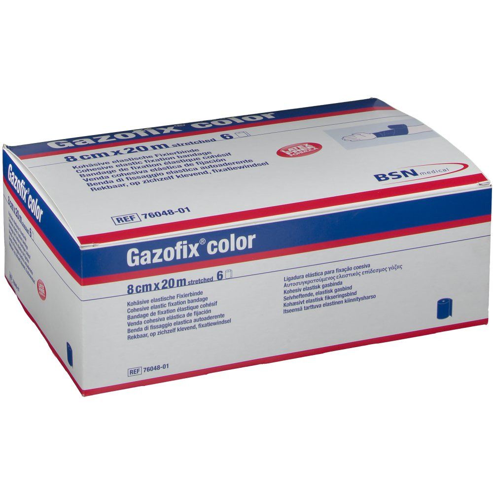 Emballage de Gazofix® color. Inscription : 8 cm x 20 m, bleu. Logo BSN medical. Nom du produit et indications de taille.