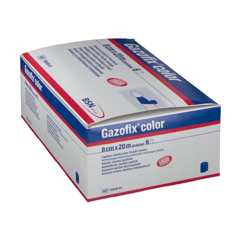Emballage Gazofix® color en biais. Inscription : 8 cm x 20 m, bleu. Logo BSN medical. Nom du produit et indications de taille.