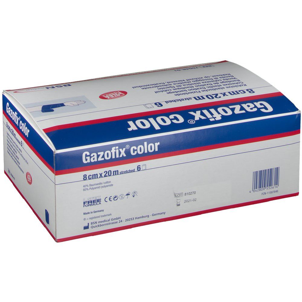 Emballage Gazofix® color, dos. Inscription : 8 cm x 20 m, bleu. Logo BSN medical. Nom du produit et indications de taille. Code-barres.