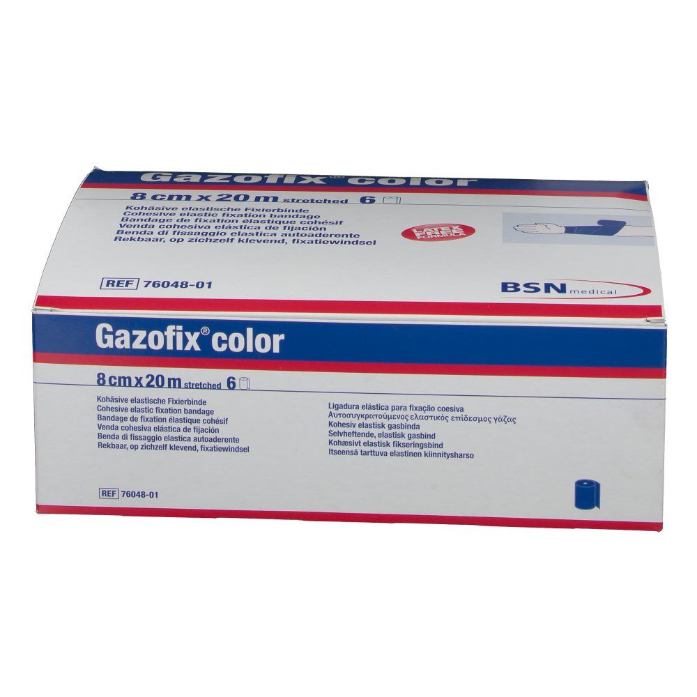 Emballage Gazofix® color. Inscription : 8 cm x 20 m, bleu. Logo BSN medical. Nom du produit et indications de taille.