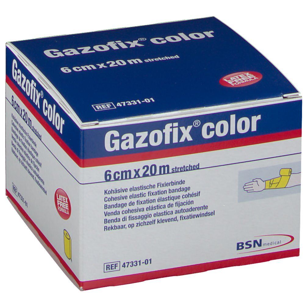 Boîte de Gazofix® color, 6 cm x 20 m, jaune. Inscription : Bande de fixation élastique cohésive. Sans latex.