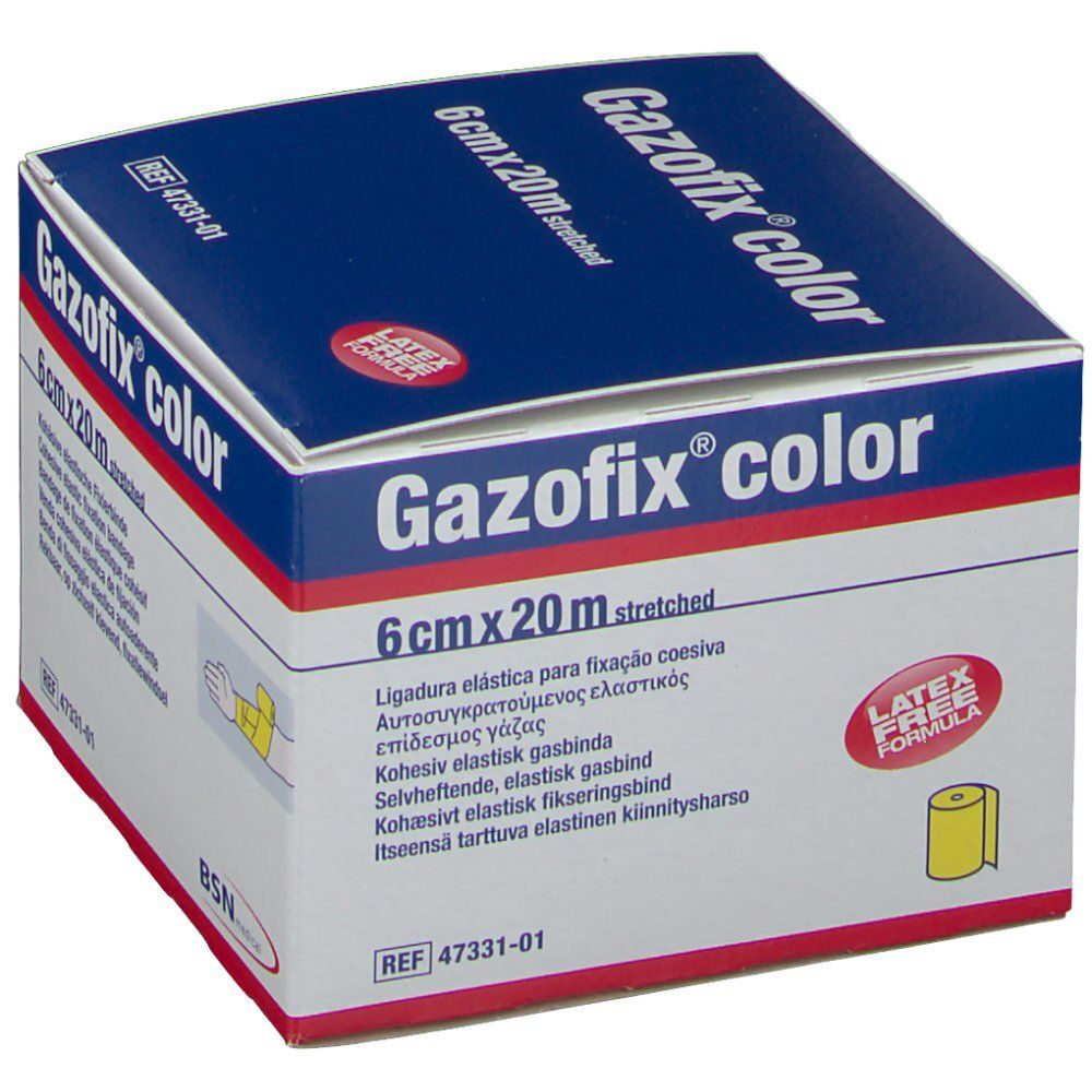 Boîte de Gazofix® color, 6 cm x 20 m, jaune. Inscription : Bande de fixation élastique cohésive. Sans latex.