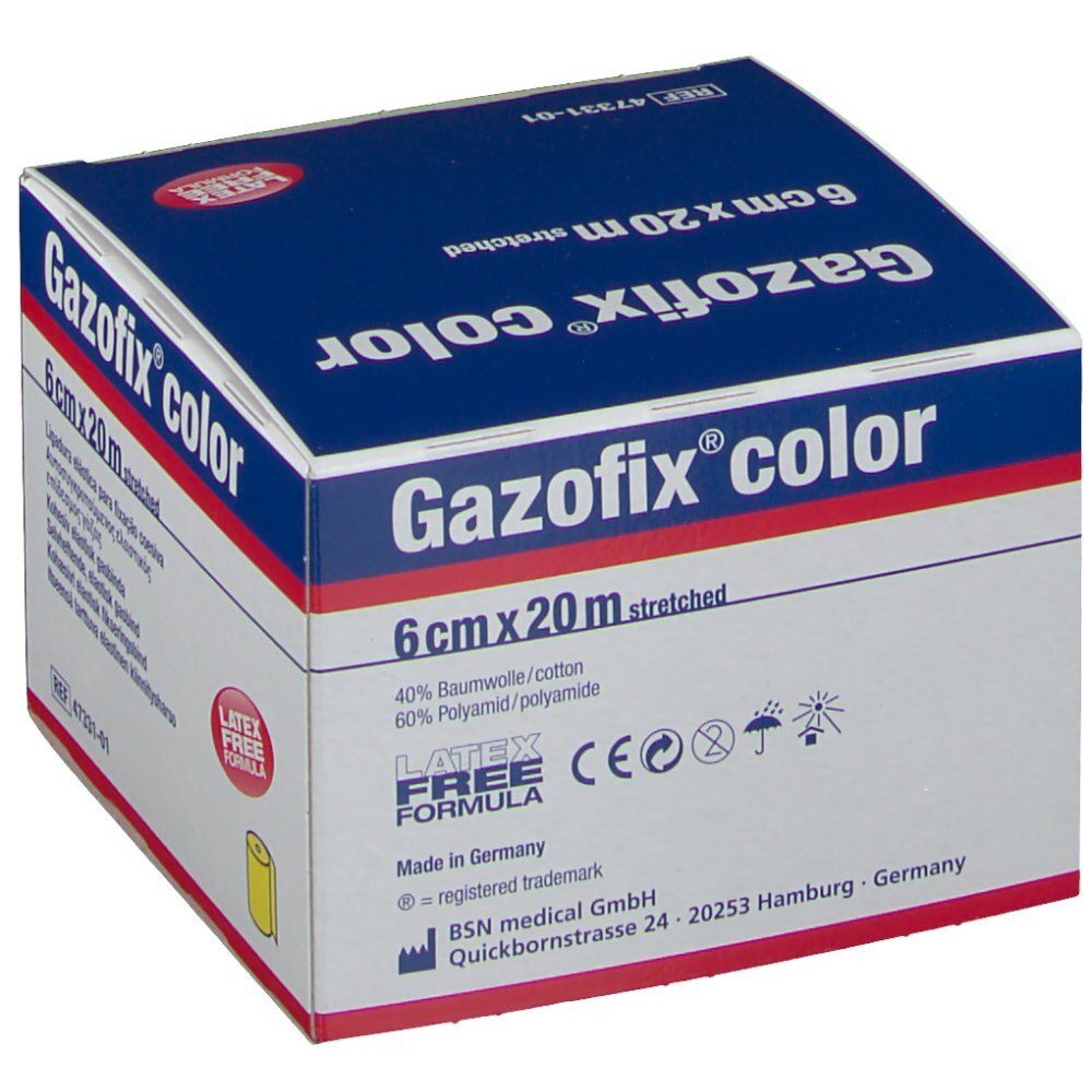 Boîte de Gazofix® color, 6 cm x 20 m, jaune. Inscription : Bande de fixation élastique cohésive. Sans latex. Marquage CE.