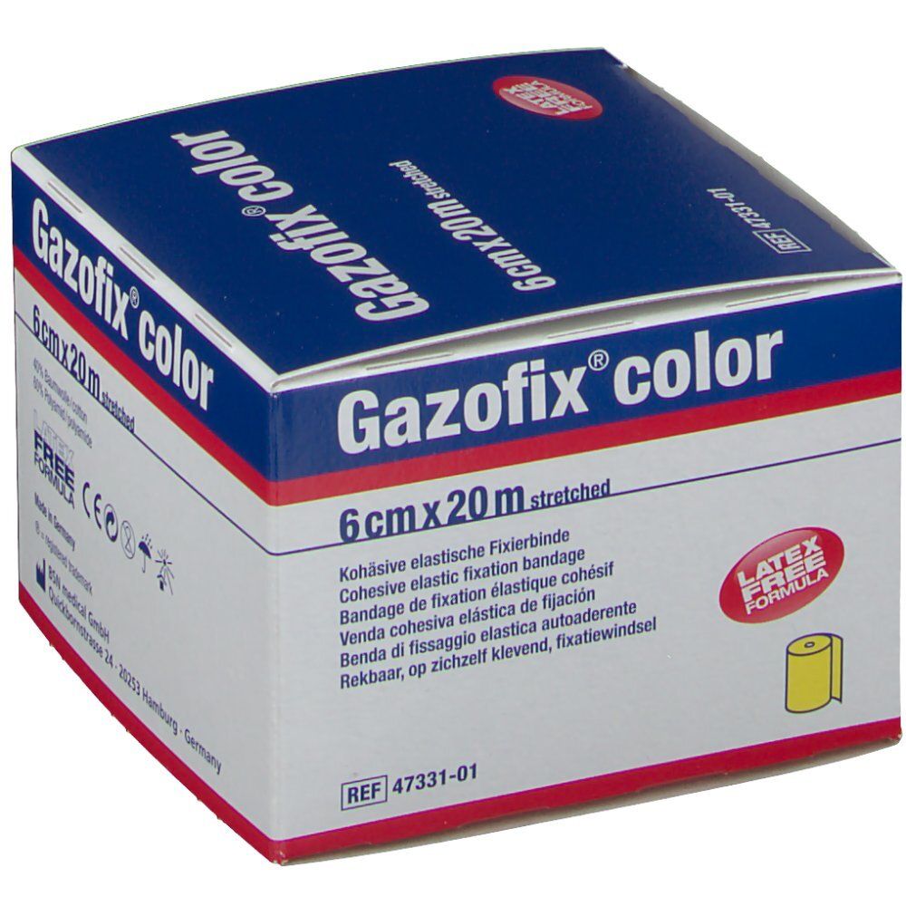 Boîte de Gazofix® color, 6 cm x 20 m, jaune. Inscription : Bande de fixation élastique cohésive. Sans latex. Marquage CE.