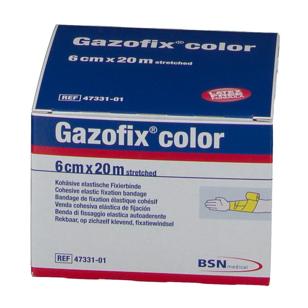 Boîte de Gazofix® color, 6 cm x 20 m, jaune. Inscription : Bande de fixation élastique cohésive. Sans latex.