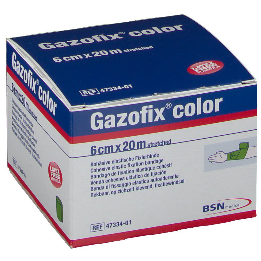 Emballage de Gazofix® color, 6 cm x 20 m, vert. Inscription : Latex Free Formula. Bande de fixation élastique cohésive.