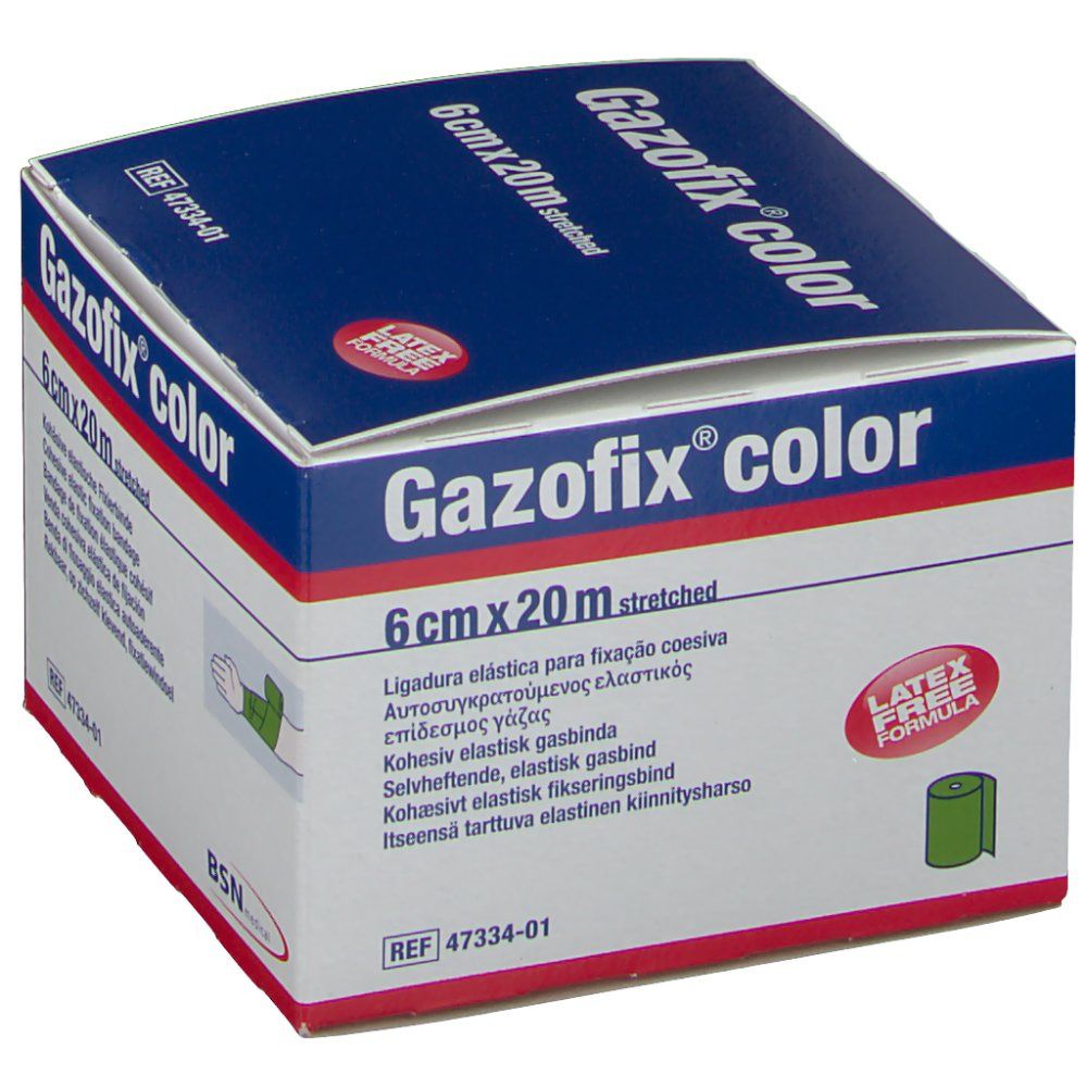Emballage de Gazofix® color, 6 cm x 20 m. Inscription : Latex Free Formula. Bande de fixation élastique cohésive. Vert illustré.