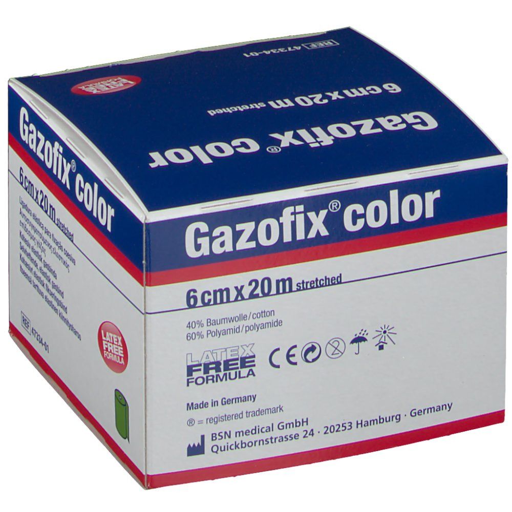 Emballage de Gazofix® color, 6 cm x 20 m. Inscription : Latex Free Formula. Bande de fixation élastique cohésive. Marquage CE.